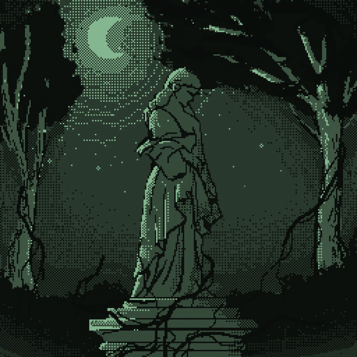 pixel art of a stone statue in a moonlit forest, wrapped in vines